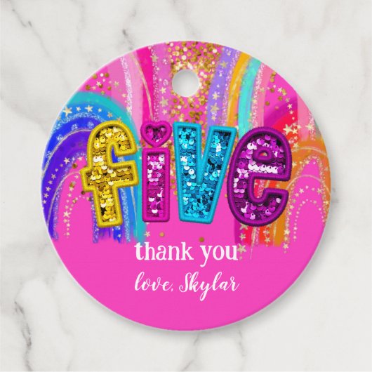 5th Birthday Hot Pink Rainbow Sequin Girl フェイバータグ (正面)