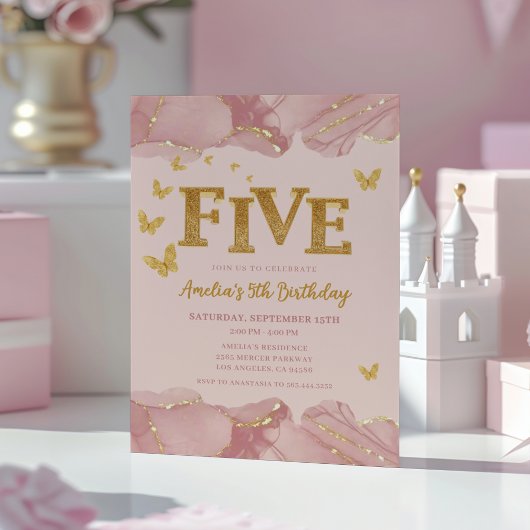 5th Birthday Invitation Pink Gold Glitter Girl 招待状