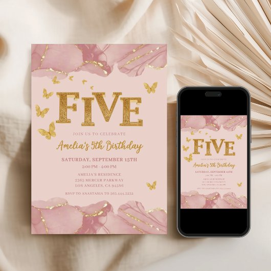 5th Birthday Invitation Pink Gold Glitter Girl 招待状