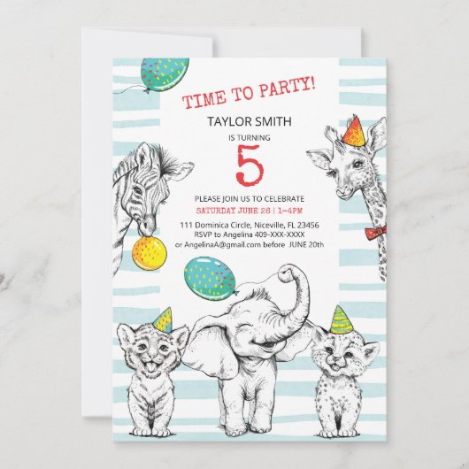 5th birthday invitation with funny cute animal. 招待状 (正面)