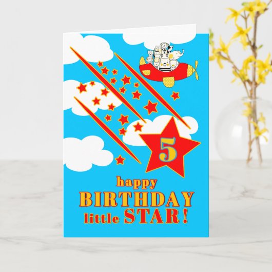 5th Birthday Little Star Cute Animals in a Plane カード (黄色い花)