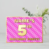 5th Birthday Party —おもしろいピンクのハートとストライプ 箔招待状 (立ち正面)