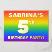 5th Birthday Party:おもしろい、レインボーカラフルパターン 箔招待状 (正面)