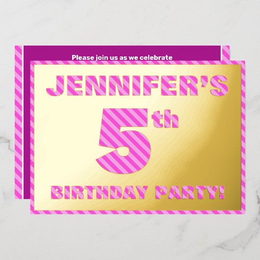 5th Birthday Party —はっきりした、おもしろい、ピンクストライプの 箔招待状 (正面/裏面)