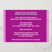 5th Birthday Party —はっきりした、おもしろい、ピンクストライプの 箔招待状 (裏面)