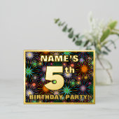 5th Birthday Party:, はっきりした Fireworks Look 箔招待状ポストカード (立ち正面)
