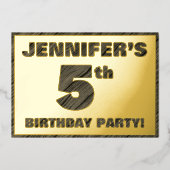 5th Birthday Party — はっきりしたWood Grainフェイク文字 箔招待状 (正面)