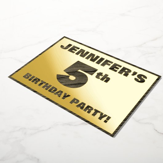 5th Birthday Party — はっきりしたWood Grainフェイク文字 箔招待状 (回転した状態)