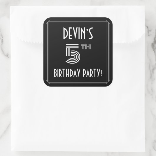 5th Birthday Party:アールデコスタイルと名前をカスタムする スクエアシール (バッグ)