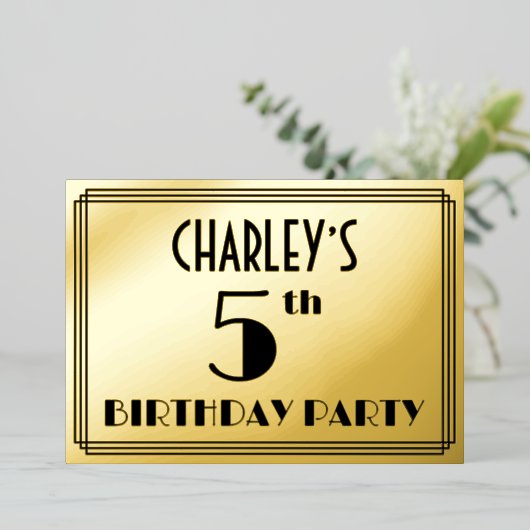 5th Birthday Party —アールデコ検索「5」 +名前 箔招待状 (立ち正面)