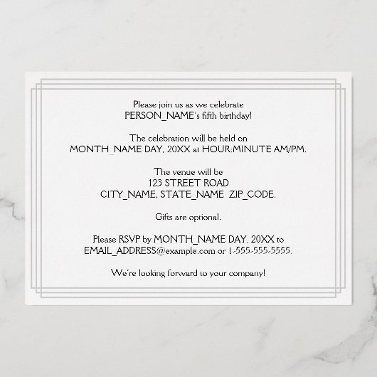 5th Birthday Party —アールデコ検索「5」 +名前 箔招待状 (裏面)