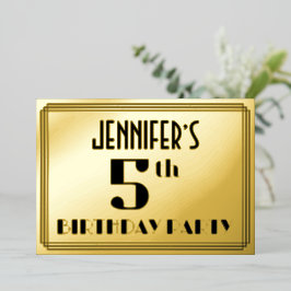 5th Birthday Party:アールデコ「5」と名前 箔招待状