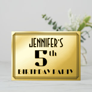 5th Birthday Party:アールデコ「5」と名前 箔招待状