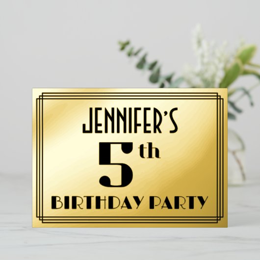 5th Birthday Party:アールデコ「5」と名前 箔招待状 (立ち正面)