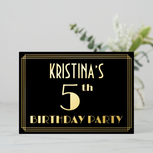 5th Birthday Party:アールデコ「5」、名前つき 箔招待状 (立ち正面)