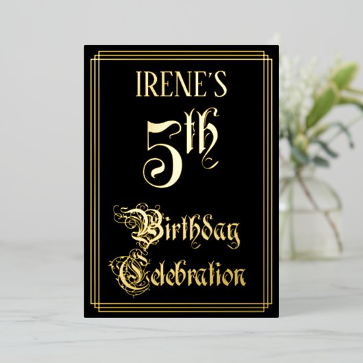 5th Birthday Party – スクリプファンシートと名前をカスタムする 箔招待状 (立ち正面)