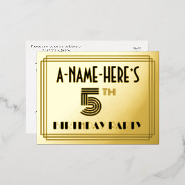 5th Birthday Party ~ Art Deco Style “5” + Name 箔招待状ポストカード
