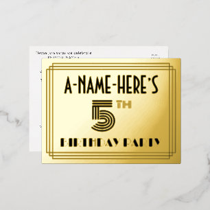 5th Birthday Party ~ Art Deco Style “5” + Name 箔招待状ポストカード