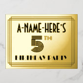 5th Birthday Party ~ Art Deco Style “5” + Name 箔招待状ポストカード (正面)