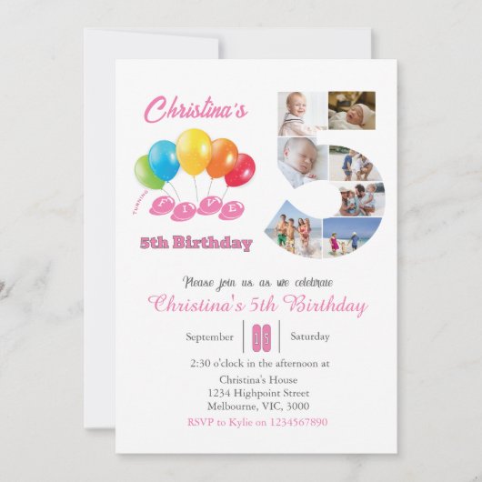 5th birthday photo collage number 5 Girl  招待状 (正面)