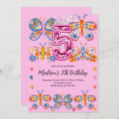 5th Birthday Pink Butterfly 招待状 (正面/裏面)