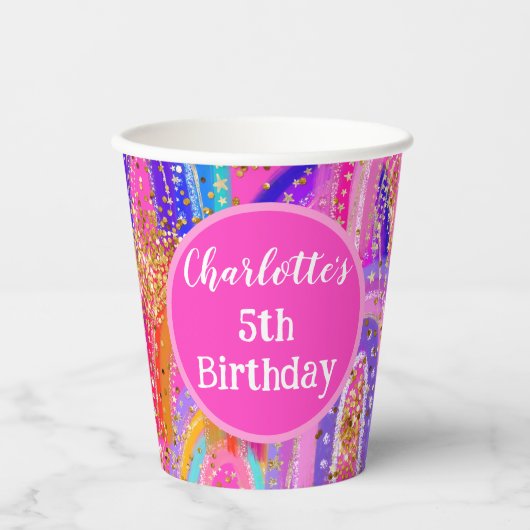5th Birthday Pink Rainbow Glitter Paper cup 紙コップ (正面)