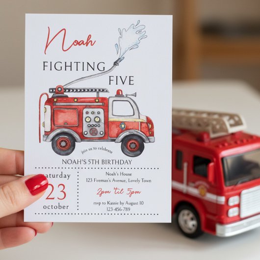 5th Birthday Red Fire Truck Fighting Five 招待状