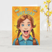 5th Birthday Red Haired Girl Pop Art Style カード (黄色い花)