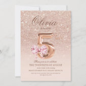 5th Birthday Rose Pink Gold  Bow Birthday Party  招待状 (正面)