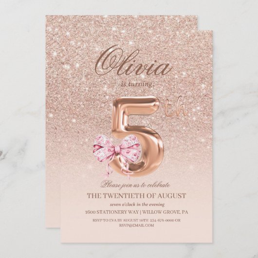 5th Birthday Rose Pink Gold  Bow Birthday Party  招待状 (正面/裏面)