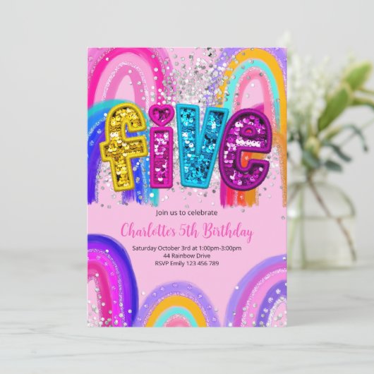 5th Birthday Sequin Rainbow Party Invitation 招待状 (スタンド正面)