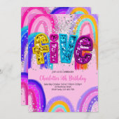 5th Birthday Sequin Rainbow Party Invitation 招待状 (正面/裏面)
