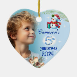 5th Christmas Personalised Boy's Photo Heart Gift セラミックオーナメント