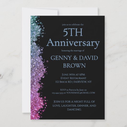 5th Wedding Anniversary Blue Purple Faux Glitter  招待状 (正面)