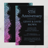 5th Wedding Anniversary Blue Purple Faux Glitter  招待状 (正面/裏面)