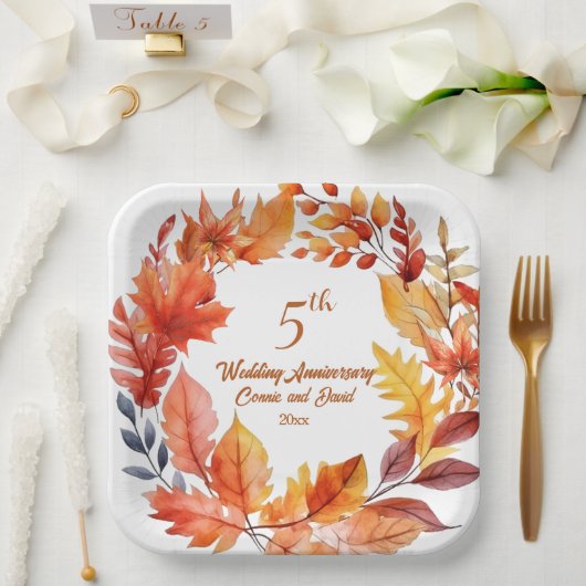 5th Wedding Anniversary Fall Floral ペーパープレート (ウェディング)