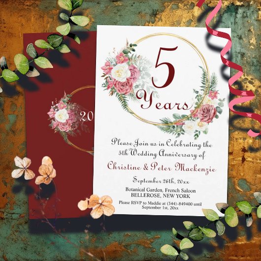 5th Wood's Anniversary 結婚バラ金ゴールドフレーム 招待状