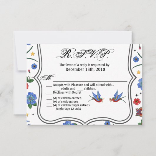 5x3.5 返信カード 伝統的な鳥のタトゥー Sparro 招待状 (正面)