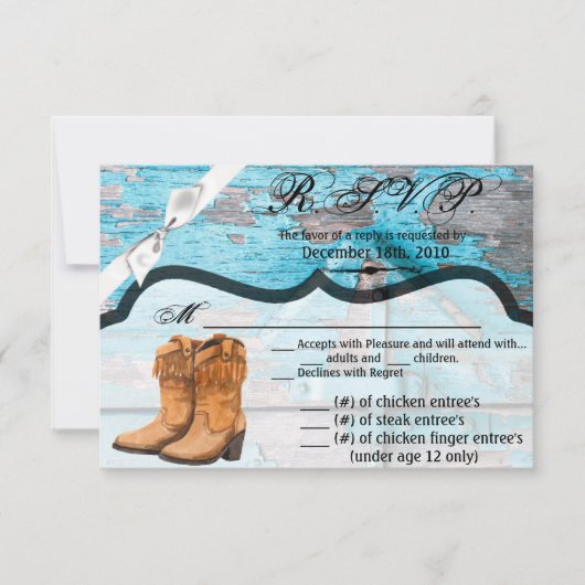 5x3.5 R.S.V.P.カードクリスマスブルーウッドバーンドアブーツ 招待状 (正面)