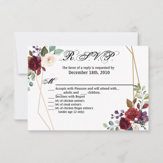 5x3.5 R.S.V.P.カードクリスマスホワイトローズ金ゴールド幾何学的 招待状 (正面)