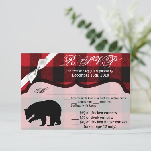 5x3.5 R.S.V.P.カードクリスマス赤バッファロープレイドベア 招待状 (スタンド正面)