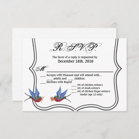 5x3.5 R.S.V.P.カードバードタトゥスパー伝統的ロ 招待状 (正面/裏面)