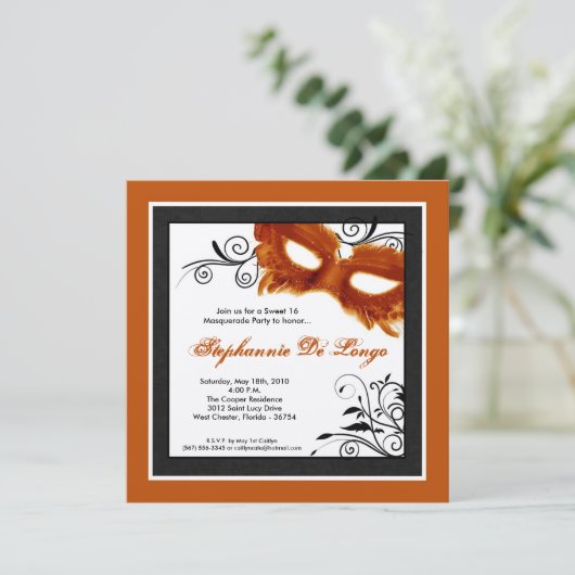 5x5オレンジマスカレードマスク16誕生日招待状 招待状 (スタンド正面)
