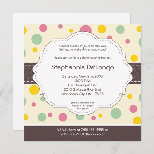 5x5ガールピンク水玉模様ポケベビーシャワー招待状 招待状 (正面/裏面)