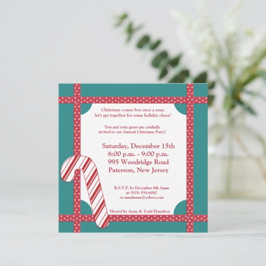 5x5キャンディ・ケーンはティール（緑がかった色）の招待状で縞で飾ります 招待状 (スタンド正面)