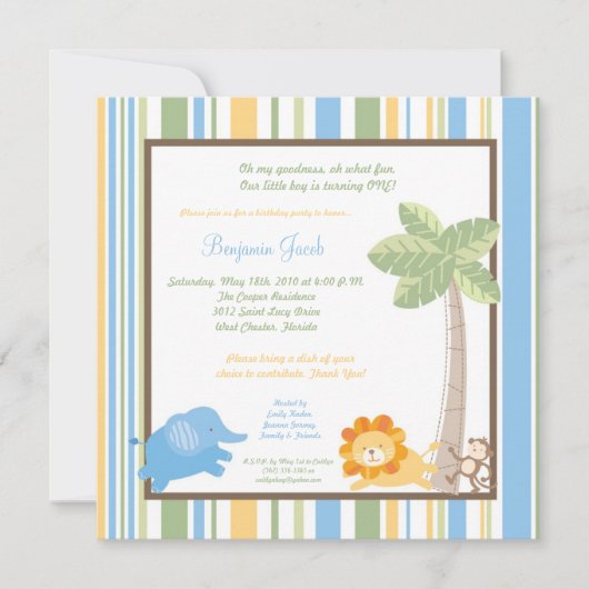 5x5ジャングルサファリ動物園アニマ誕生日招待状 招待状 (正面)
