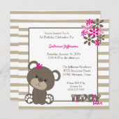 5x5ピンクのテディー・ベアの誕生日のパーティの招待状 招待状 (正面/裏面)