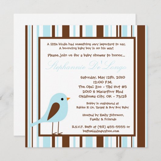 5x5ブルーボーイウッドランドバードベビーシャワー招待状 招待状 (正面/裏面)