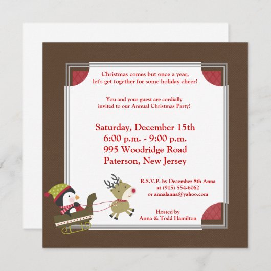 5x5ペンギン/トナカイクリスマスゲーム招待状 招待状 (正面/裏面)