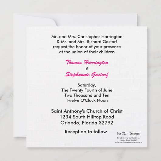 5x5ホットピンクキャリッジ結婚式招待状 招待状 (裏面)